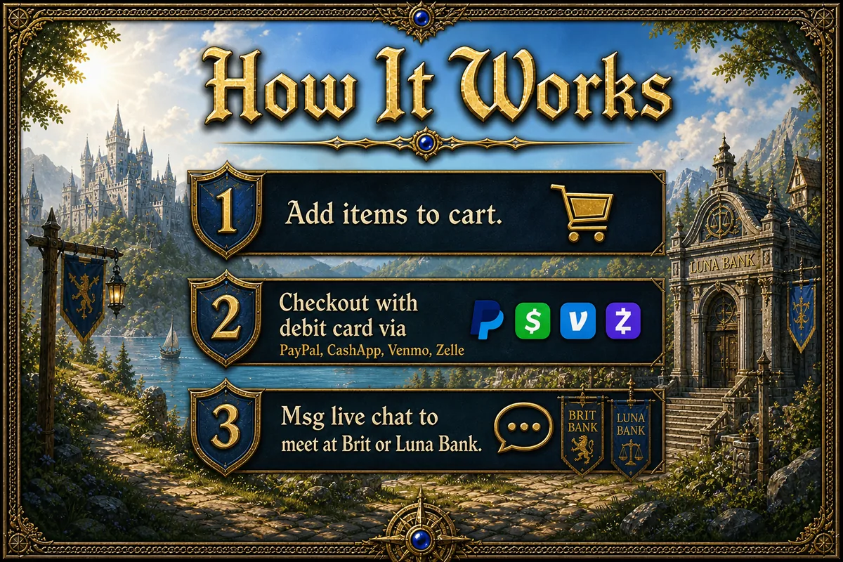 How it works at UO King: 1) Add items to cart. 2) Checkout with debit card via PayPal, CashApp, Venmo, or Zelle. 3) Message live chat to meet at Brit or Luna Bank.